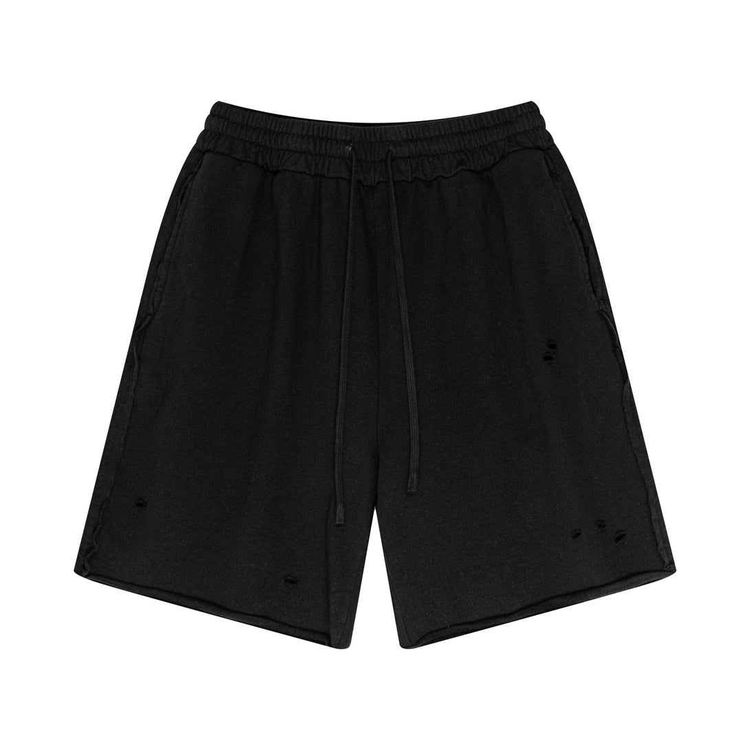 Black cotton shorts front - 100% cotton with artisan dye-wash and distressed urban style