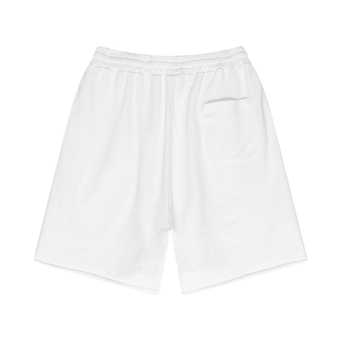 Back view of White cotton shorts - artisan wash and distressed finish for wholesale streetwear