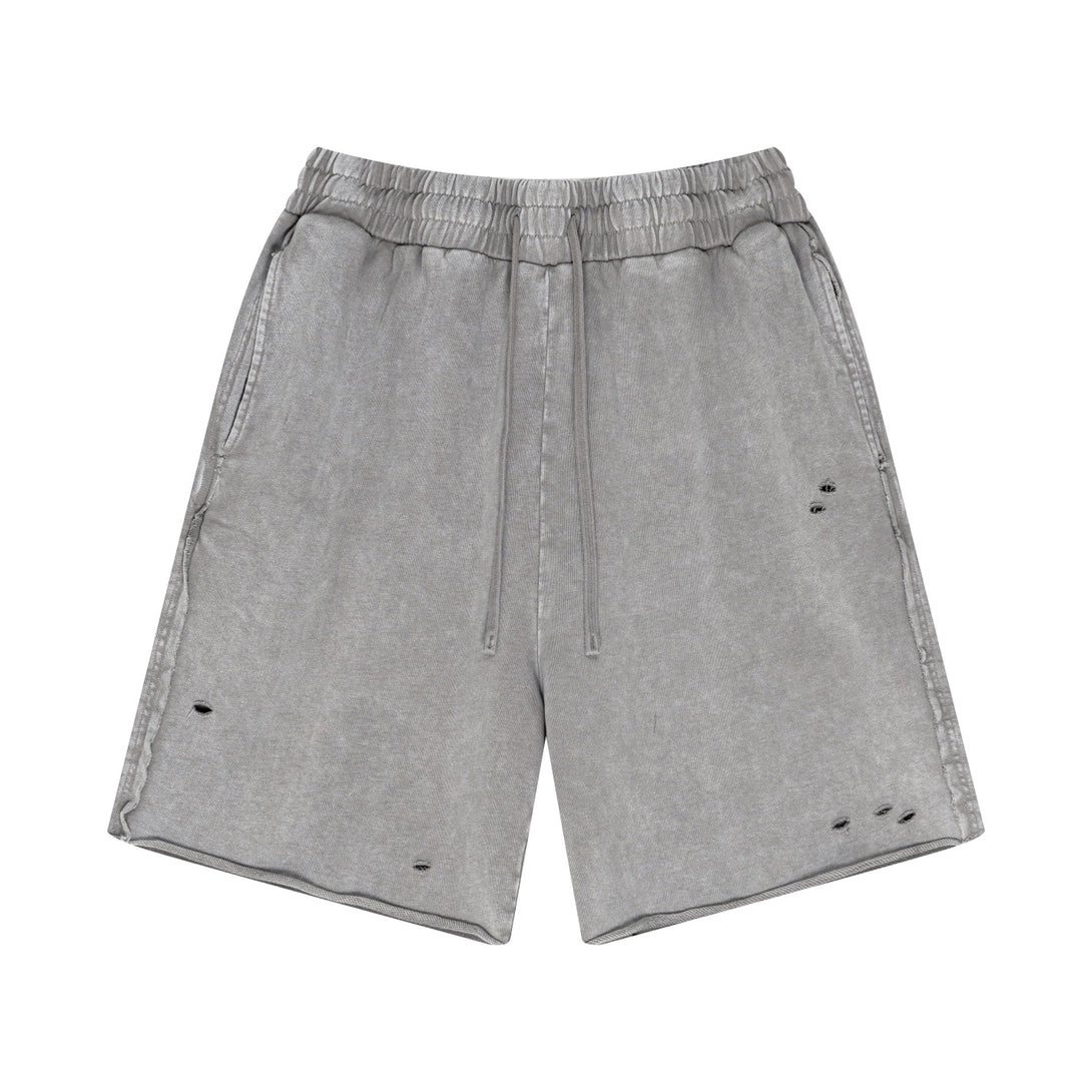 Light Gray cotton shorts front - distressed artisan wash for casual streetwear wholesale