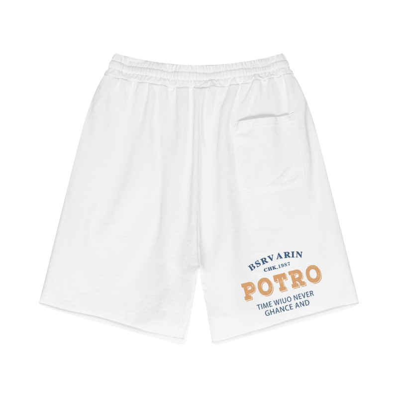 Printed back design on White cotton shorts - artisan dye-wash with distressed streetwear style
