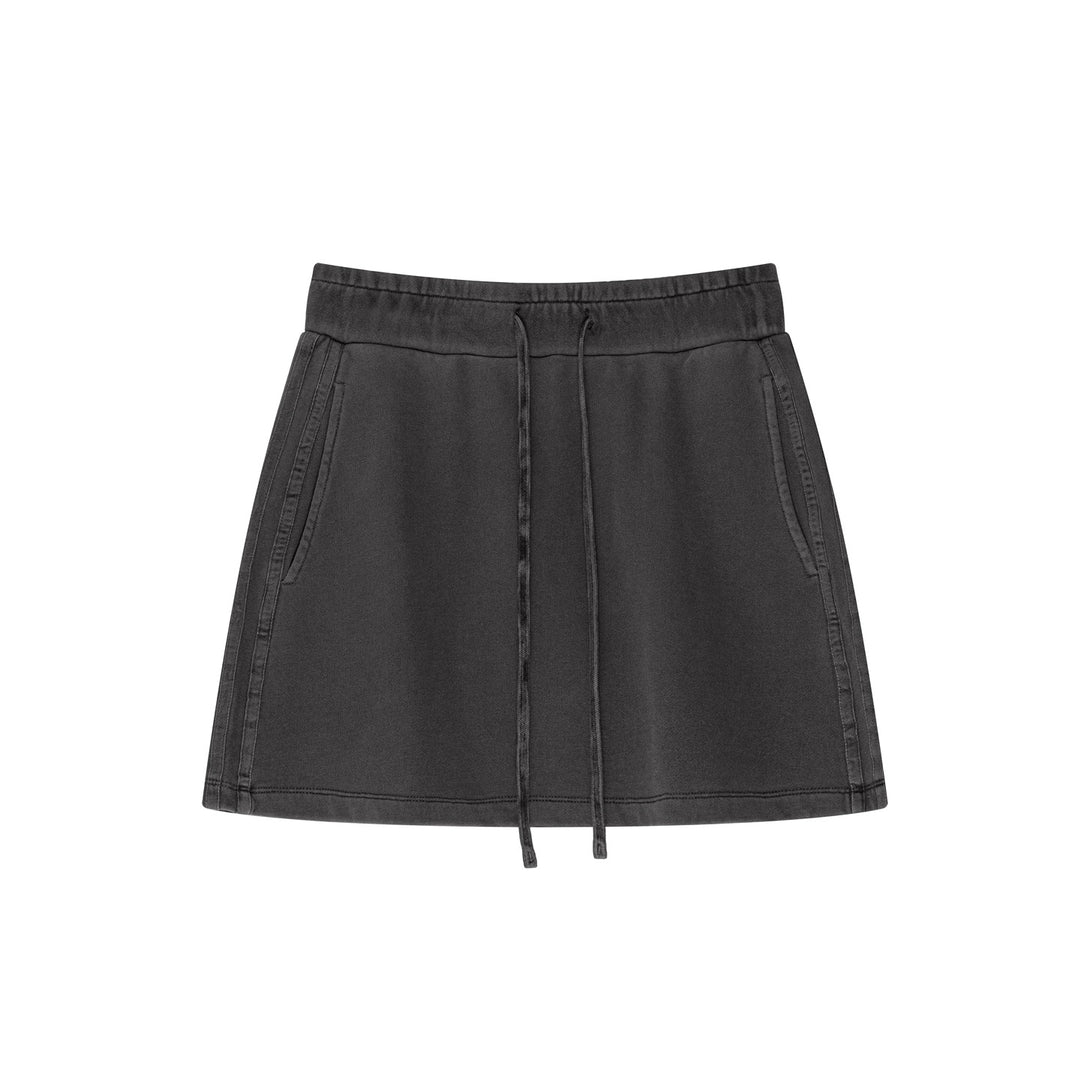 Front view of Gray 100% cotton skirt with pigment-dye wash and built-in shorts - gym-to-street athleisure