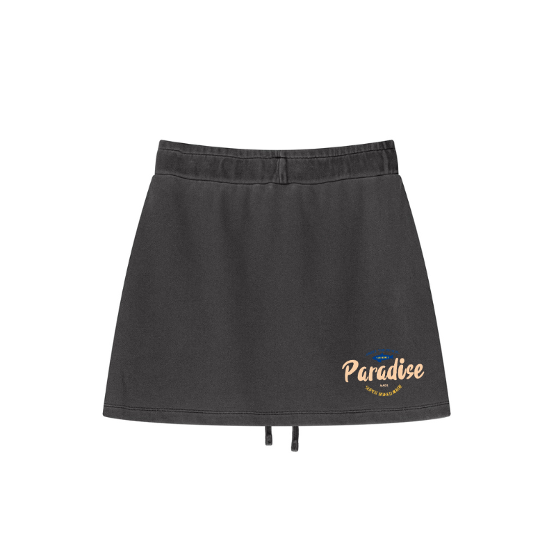 Graphic detail on Black athletic skirt - pigment-dye technology and built-in shorts