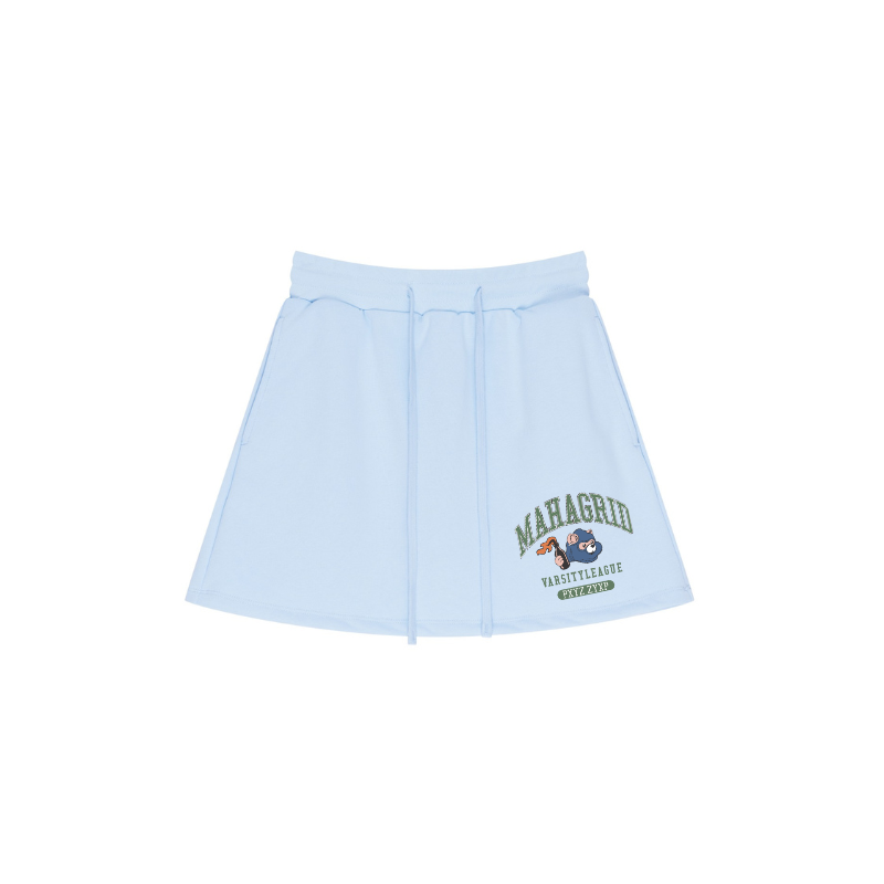 Graphic detail on Light Blue athletic skirt - built-in shorts and breathable cotton fabric