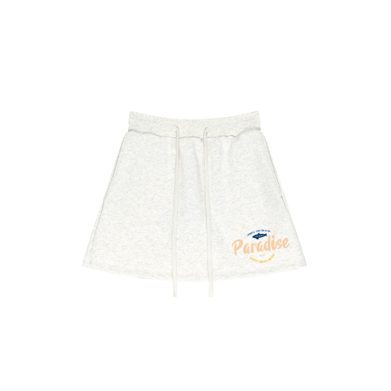 Printed front design on Off White cotton skirt - moisture-wicking technology with built-in shorts