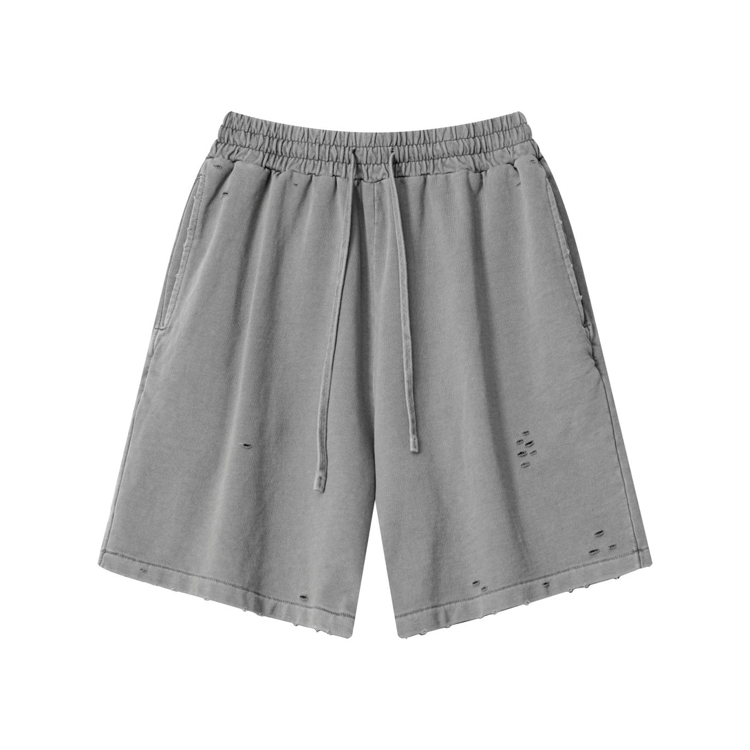 Gray sports shorts front - pigment-dye wash technology on 100% cotton for moisture management