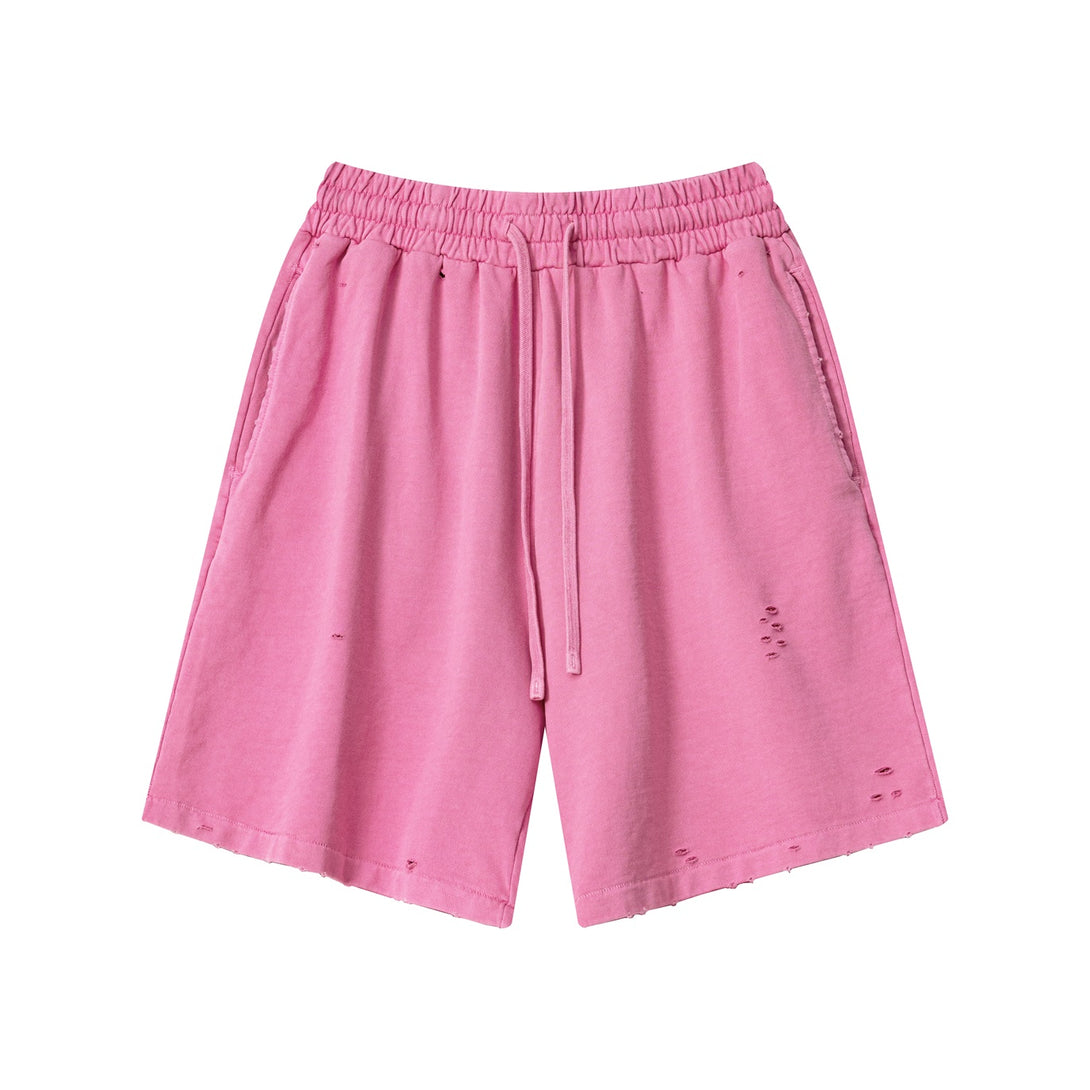 Front view of Rose Red 100% cotton sports shorts with pigment-dye wash and reinforced seams for gym-to-street performance