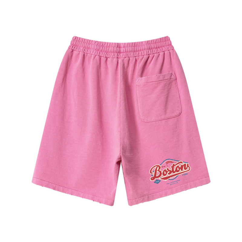 Printed graphic detail on Rose Red sports shorts - pigment-dye wash with reinforced stitching