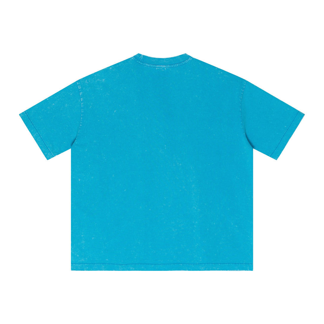 Blue Distressed Cotton Tee Back View | Breathable Vintage Wash Technique | Bulk Custom Apparel
