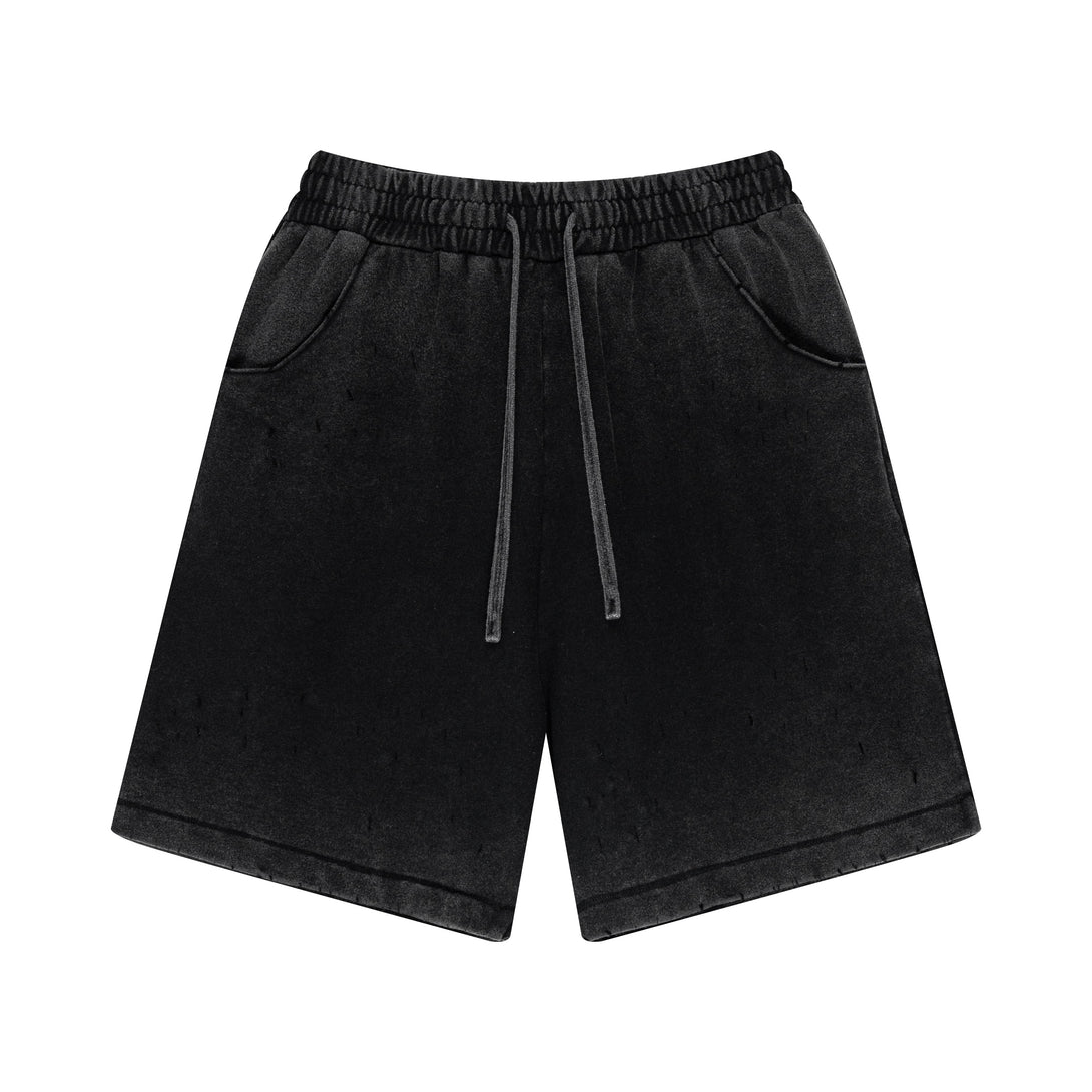 Black fitness shorts front - vintage fade effect with dual pockets