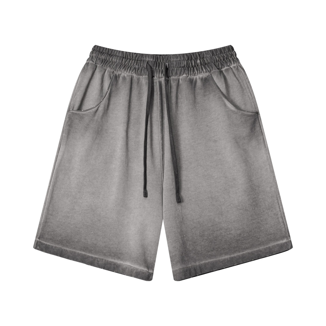 Gray athletic shorts front - reverse dye process for retro styling