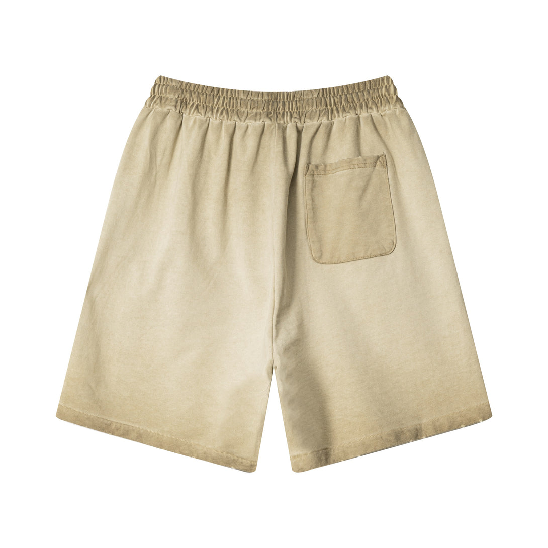 Khaki training shorts back - contrast drawstring & distressed hem detail