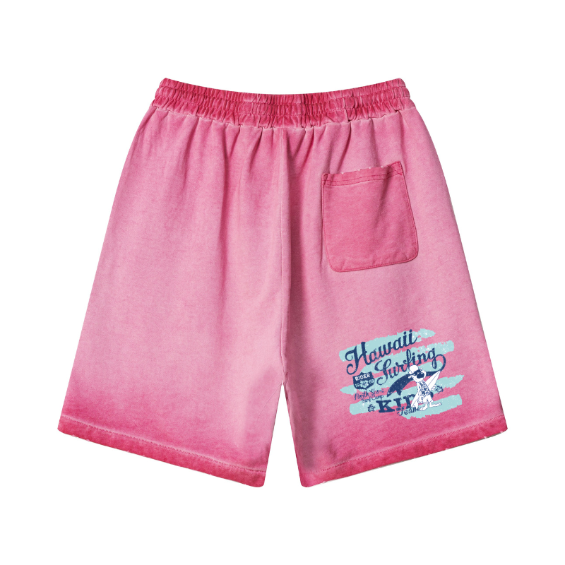 Close-up of Rose Red shorts' graphic print - fade-resistant pigment dye technology