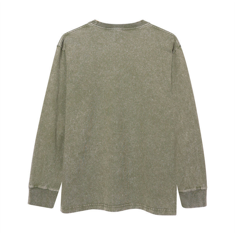 Back view of the 230G Cotton vintage long-sleeved T-shirt in Army Green.