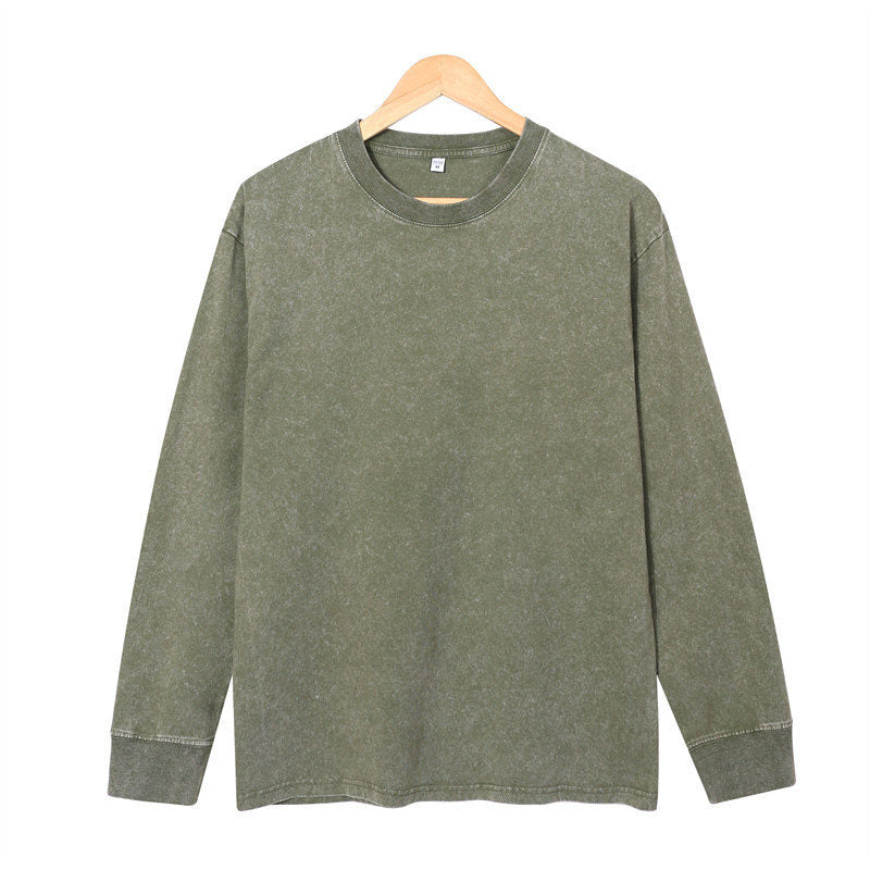 Front view of the 230G Cotton vintage long-sleeved T-shirt in Army Green.