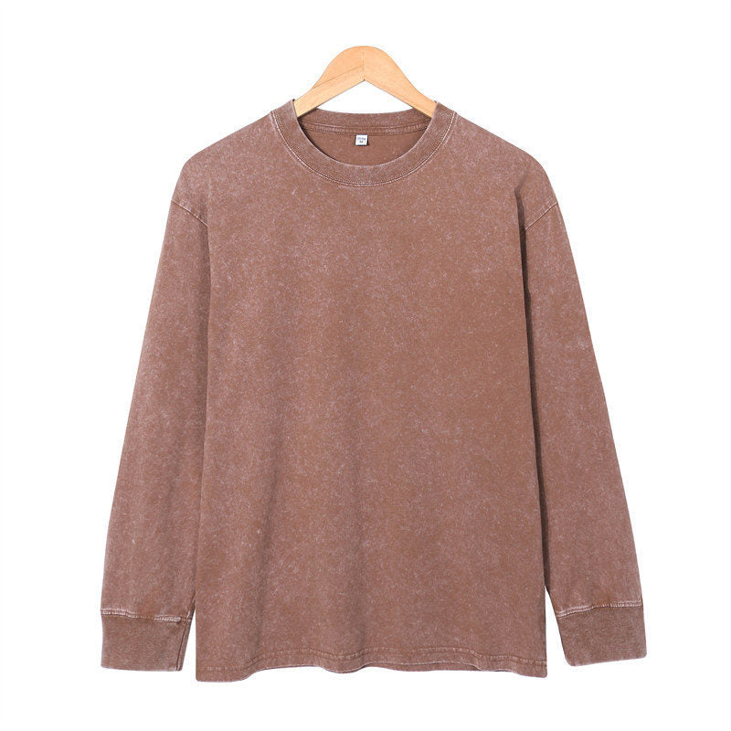 Front view of the 230G Cotton vintage long-sleeved T-shirt in Chocolate Brown.
