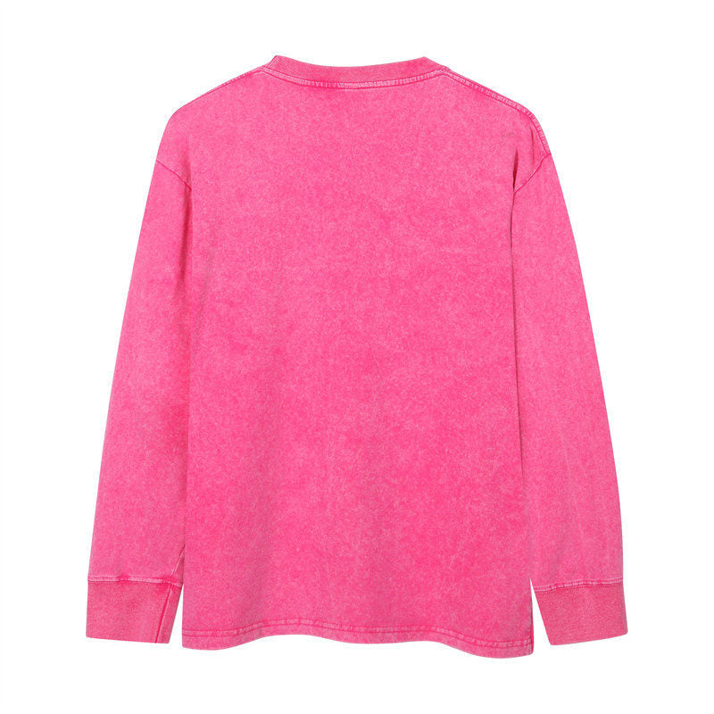 Back view of the 230G Cotton vintage long-sleeved T-shirt in Magenta.