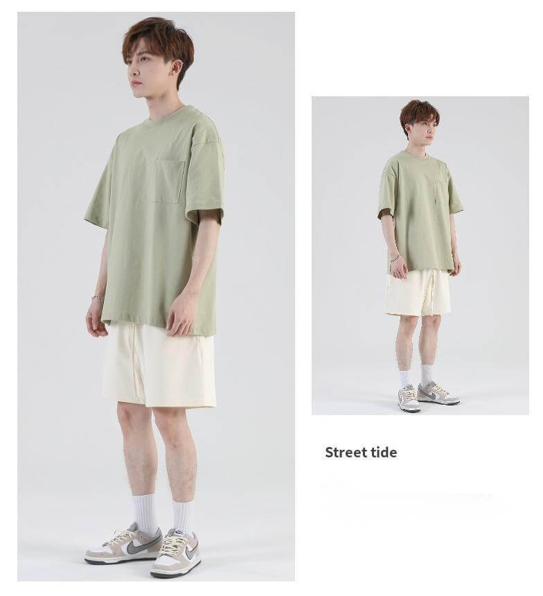 Model Wearing Pistachio Green Pocket Tee - 245g Heavy Cotton OEM Blank Front, Oversize Streetwear Style for Bulk Custom Printing | MOQ 20pcs