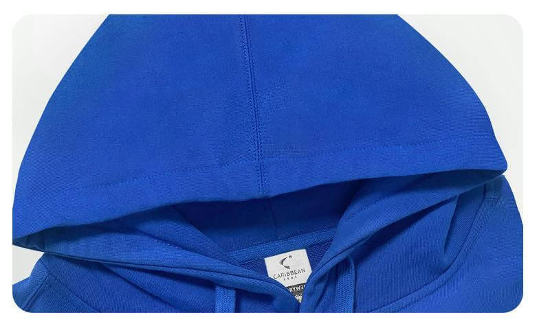 Blank Hoodie Wholesale blue unisex hoodie featuring a close-up of the hood.