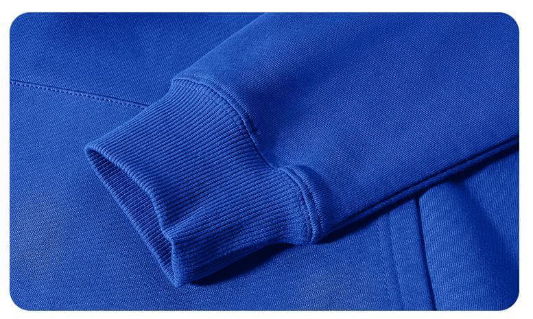 Close-up of blue cuff on a Blank Hoodie Wholesale, showcasing 1x1 ribbed design for a secure fit.