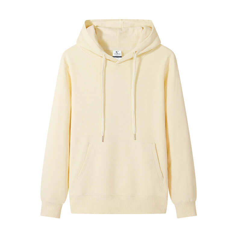 Blank Hoodie Wholesale in light yellow, classic unisex design with kangaroo pocket and matching drawstrings.