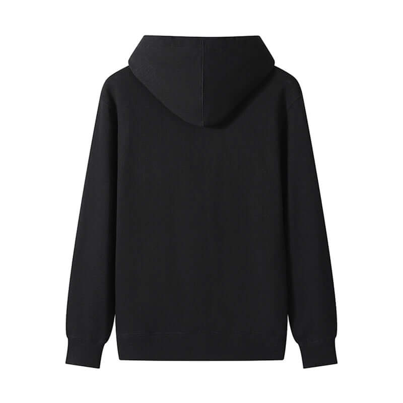 Blank Hoodie Wholesale black unisex hoodie back view with hood and ribbed cuffs.