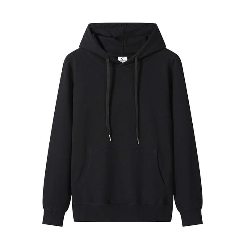 Blank Hoodie Wholesale in black color, 300gsm unisex cotton fabric with drawstrings and front pocket.
