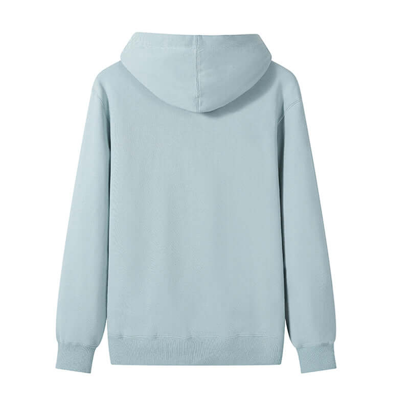 Blank Hoodie Wholesale in soft blue color, showcasing the back view and hood design.