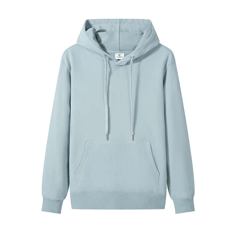 Blank Hoodie Wholesale in light blue color, 300gsm cotton unisex design with adjustable drawstrings.