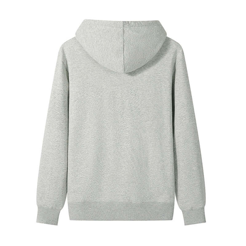 Back view of a blank hoodie wholesale in grey color, made from 300gsm cotton with a comfortable fit.