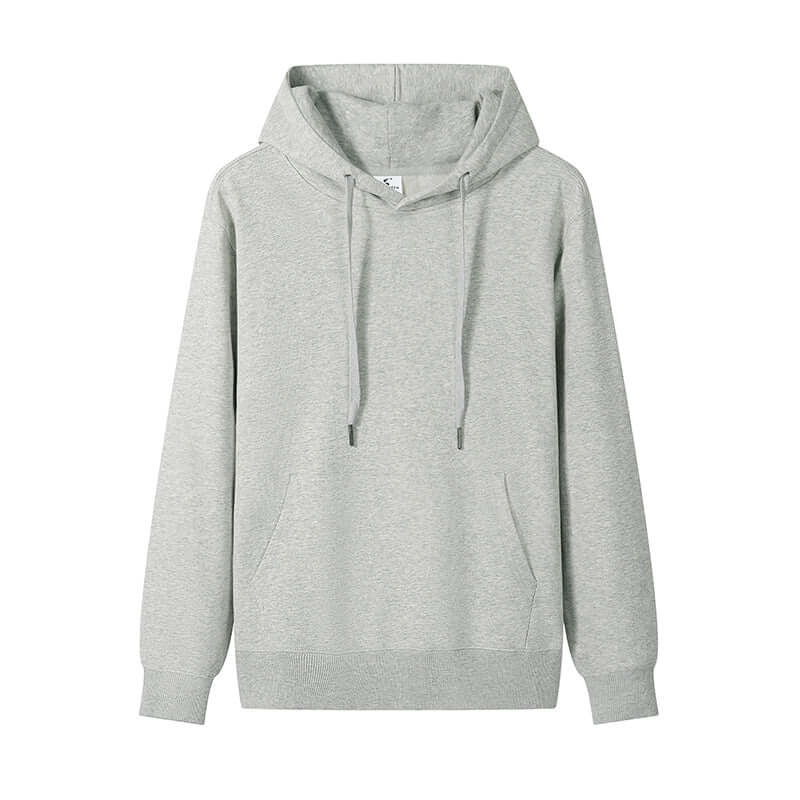 Blank Hoodie Wholesale in light gray color, made from 300gsm cotton, featuring drawstrings and a front pocket.