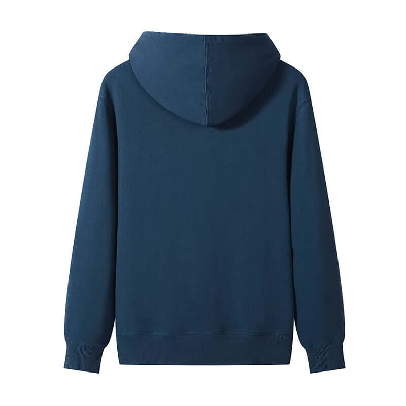 Back view of a navy blue Blank Hoodie Wholesale made from 300gsm cotton, showcasing the hoodie style and fit.
