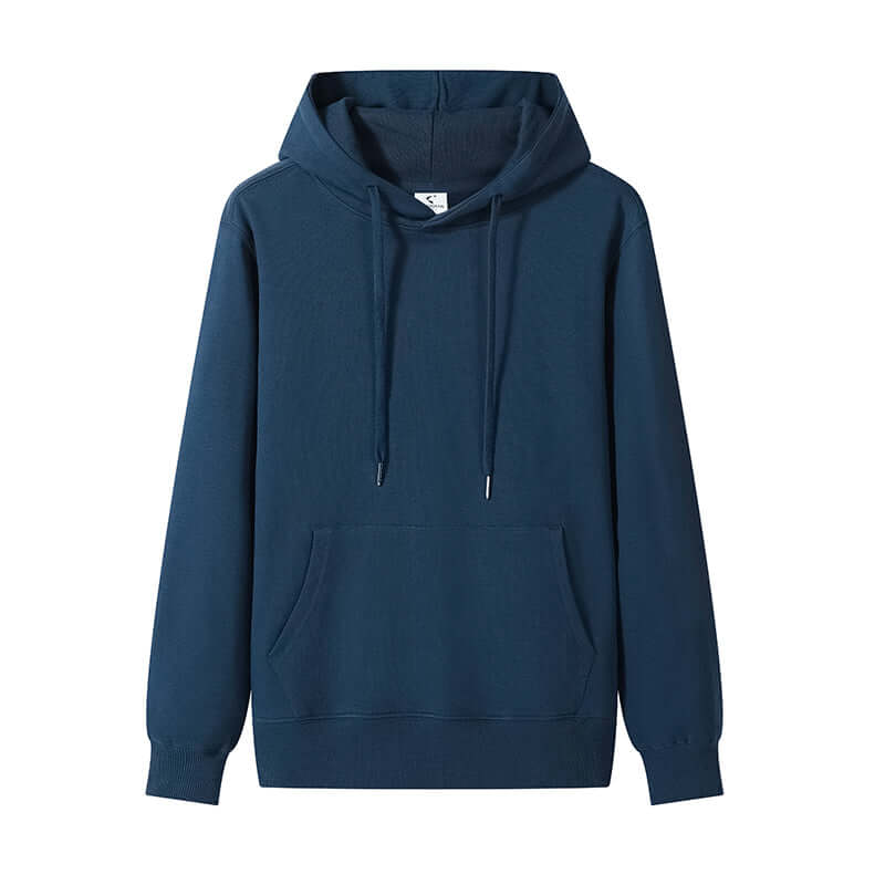 Blank Hoodie Wholesale in navy blue color, featuring a spacious front pocket and drawstrings for adjustable fit.