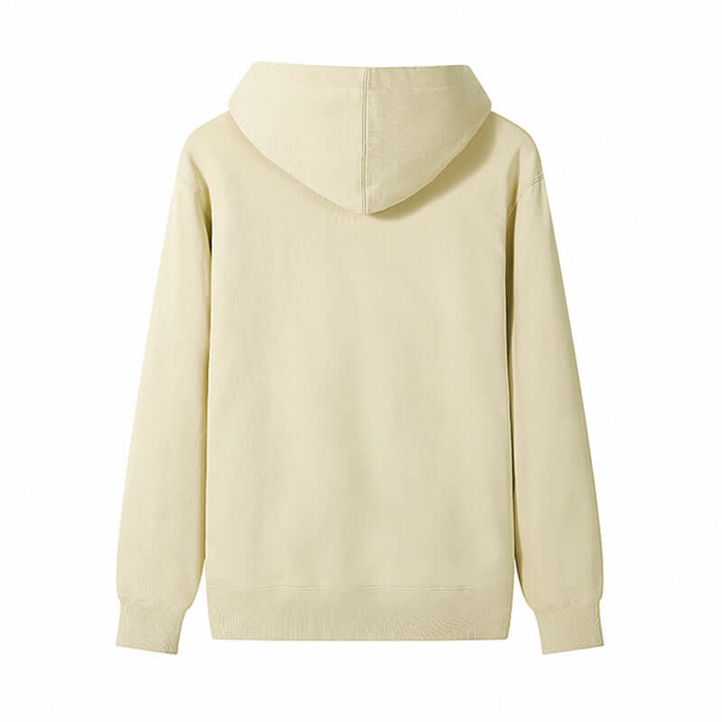 Blank Hoodie Wholesale in beige, showcasing back view with hood and ribbed cuffs.