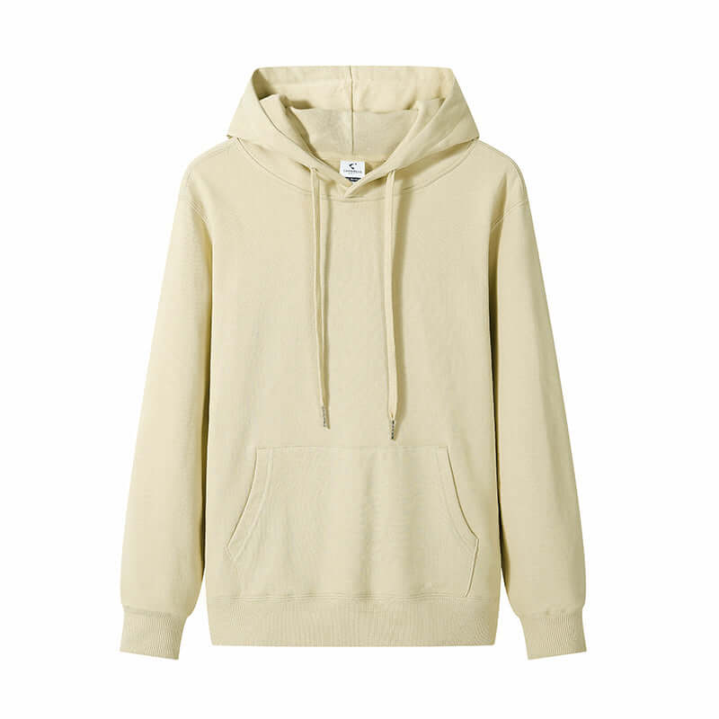 Blank Hoodie Wholesale in light beige color with drawstrings and front pocket.