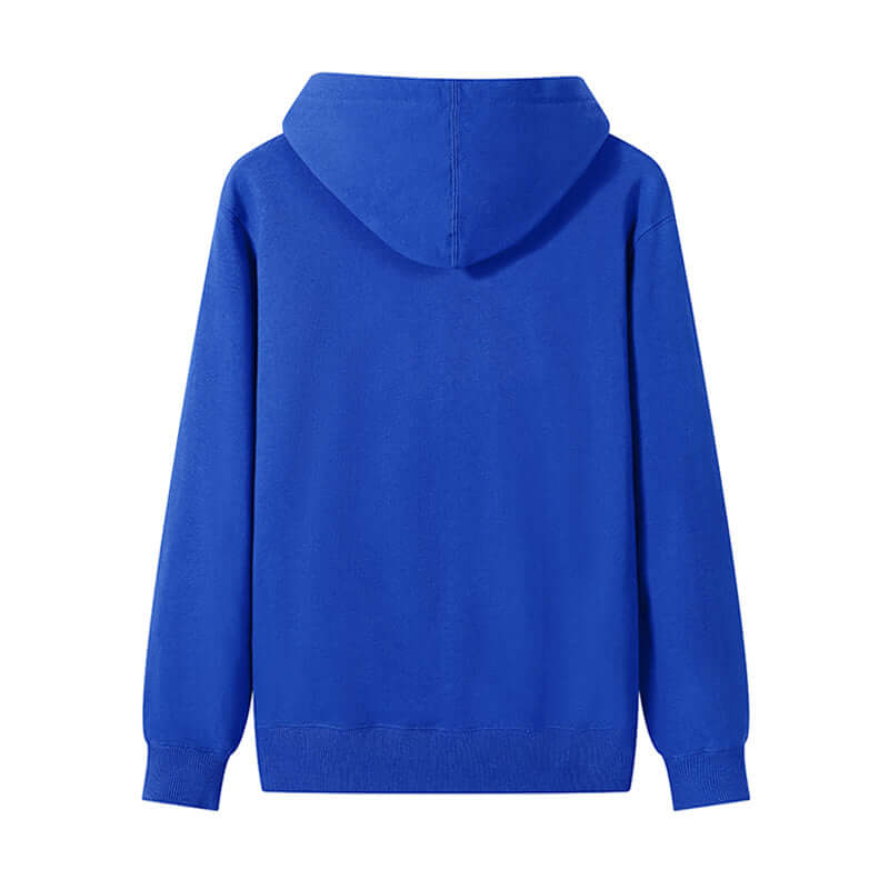 Back view of a blue Blank Hoodie Wholesale made from 300gsm cotton, featuring a relaxed fit and standard hood design.
