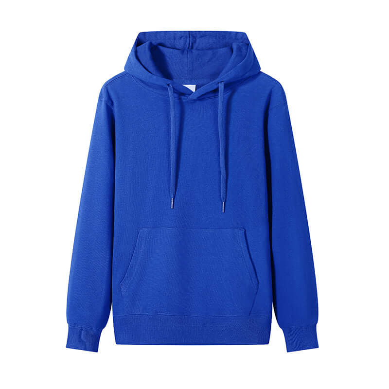 Blank Hoodie Wholesale in blue color featuring matching drawstrings and front pocket.