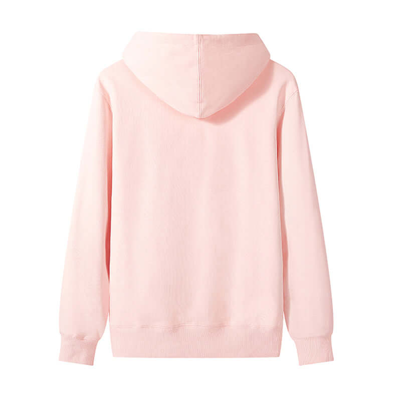Back view of a pink Blank Hoodie Wholesale made from 300gsm cotton, showcasing the hood and cuffs.