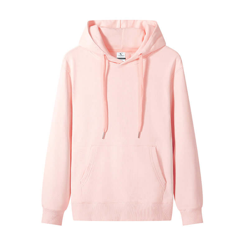 Blank Hoodie Wholesale in soft pink color, unisex design made from 300gsm cotton, featuring drawstrings and front pocket.