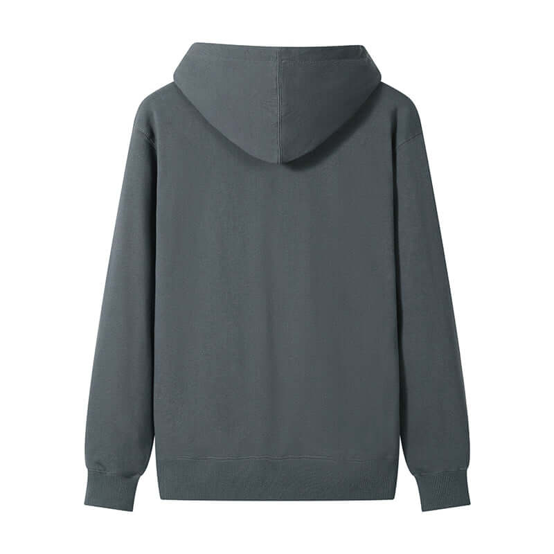 Back view of a blank hoodie wholesale in grey color, showcasing the hood and ribbed cuffs.