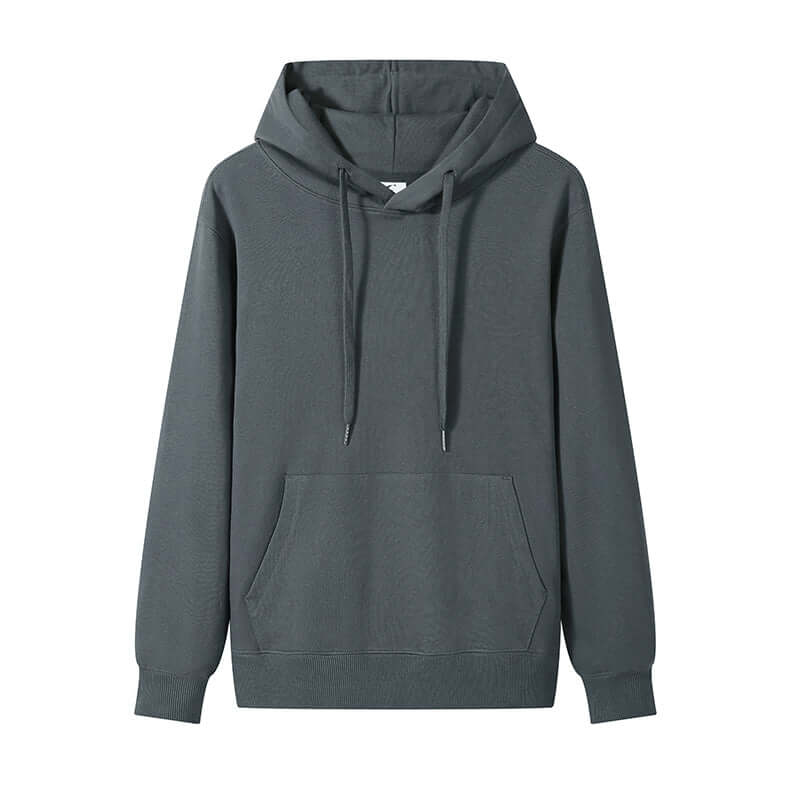Blank Hoodie Wholesale in dark gray color, featuring drawstrings and front pocket, made of 300gsm cotton.