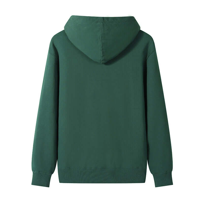 Back view of a blank hoodie wholesale in green color, made from 300gsm cotton with a cozy fit.