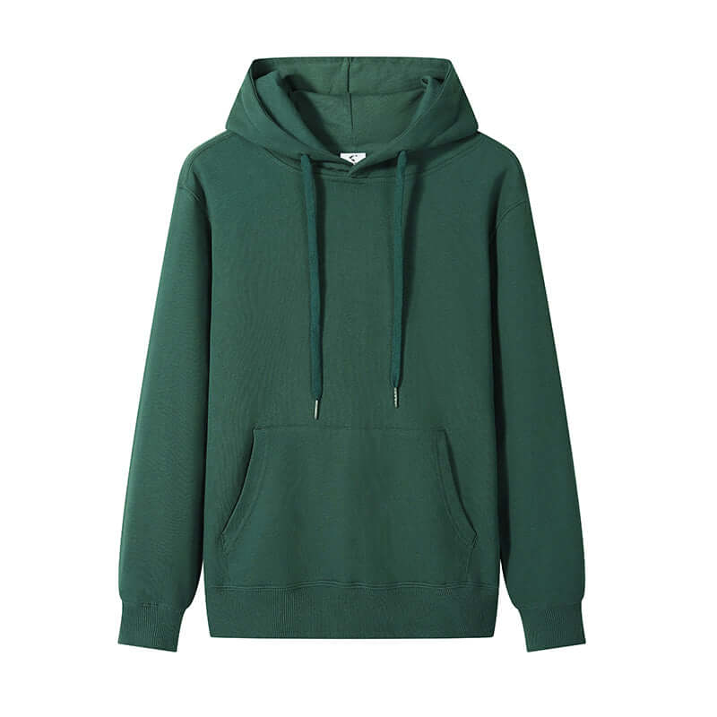 Blank Hoodie Wholesale in green, featuring a front pocket and adjustable drawstrings.