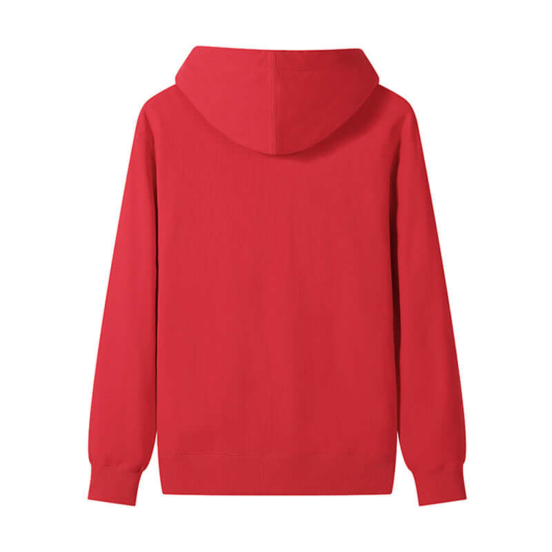 Blank Hoodie Wholesale in red, unisex design with hood and ribbed cuffs, perfect for customization.