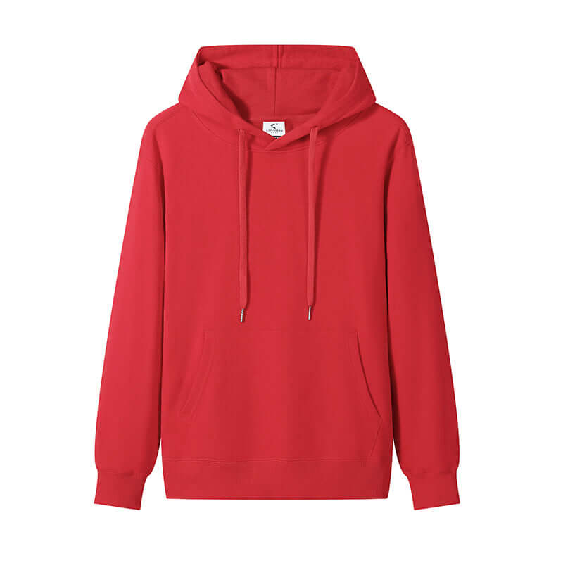 Red unisex Blank Hoodie Wholesale made from 300gsm 100% cotton, featuring drawstrings and pouch pocket.