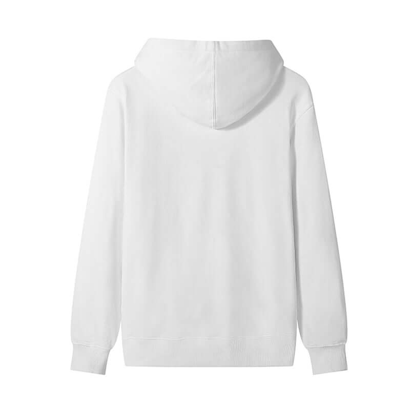 Blank Hoodie Wholesale in white, showcasing back view with hood and ribbed cuffs.