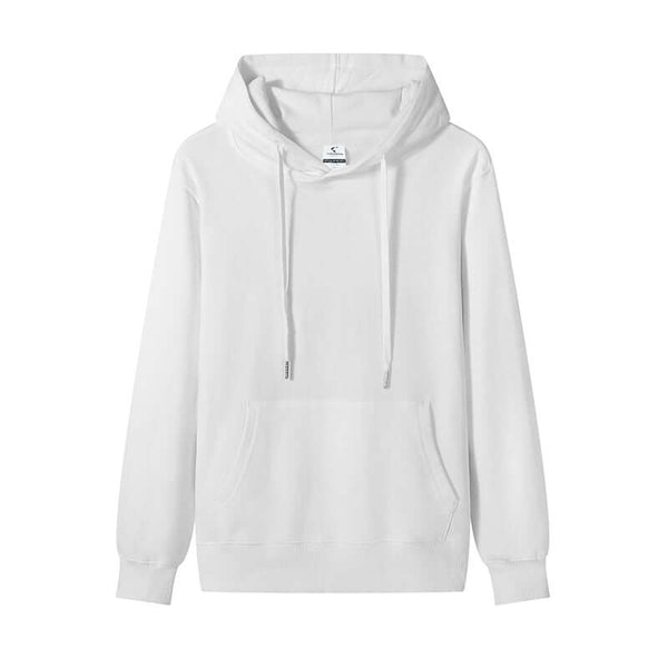 Blank Hoodie Wholesale in white, 300gsm cotton unisex design with drawstrings and front pocket for comfort and style.