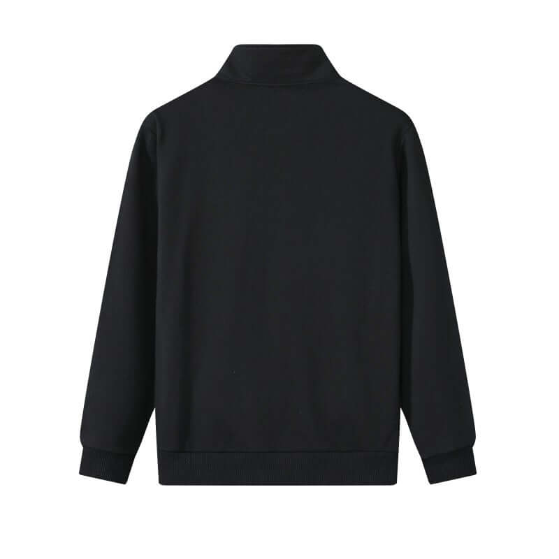 Back view of black cotton-poly blend zip-up jacket