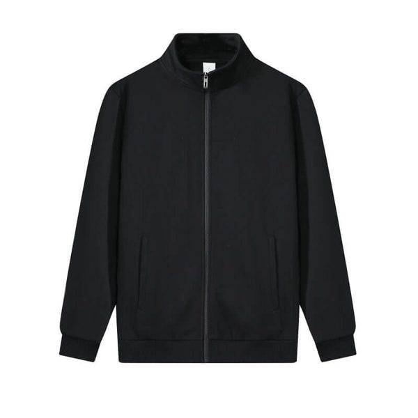 Front view of black 320g unisex stand collar zip jacket