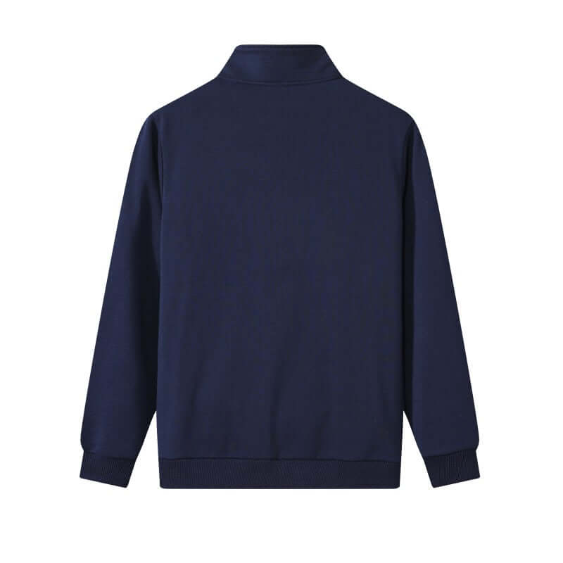 Rear angle of navy performance zip hoodie