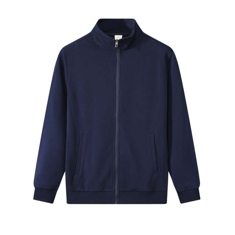 Navy blue unisex stand collar jacket front perspective